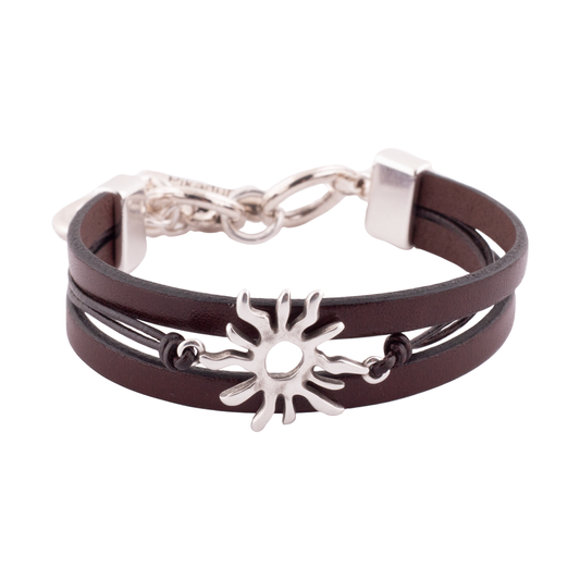 Pulsera Copacabana Cuero Sol Oro Y Plata