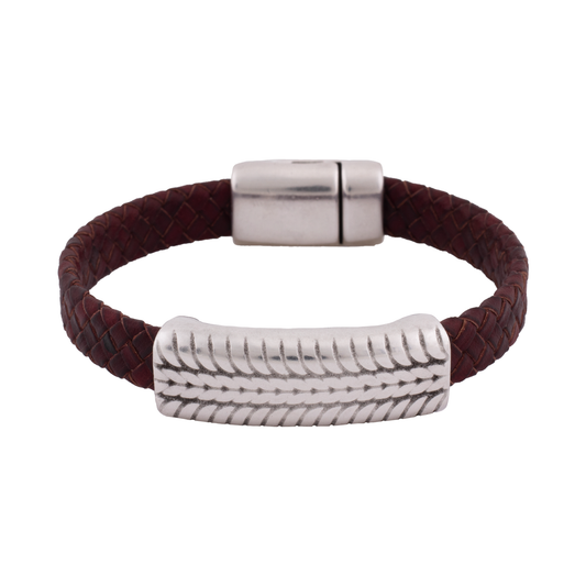 Pulsera Hombre Trenzada Cuero Roja Metal