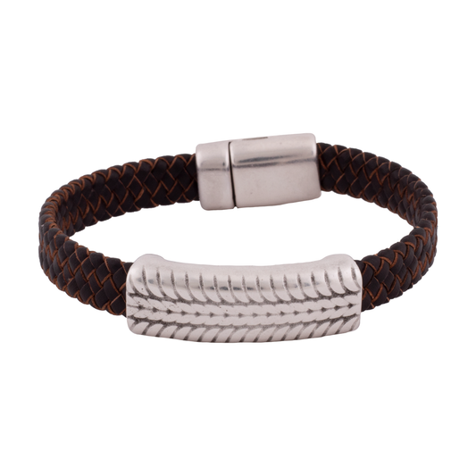 Pulsera Hombre Cuero Trenzado Claro Con Rueda