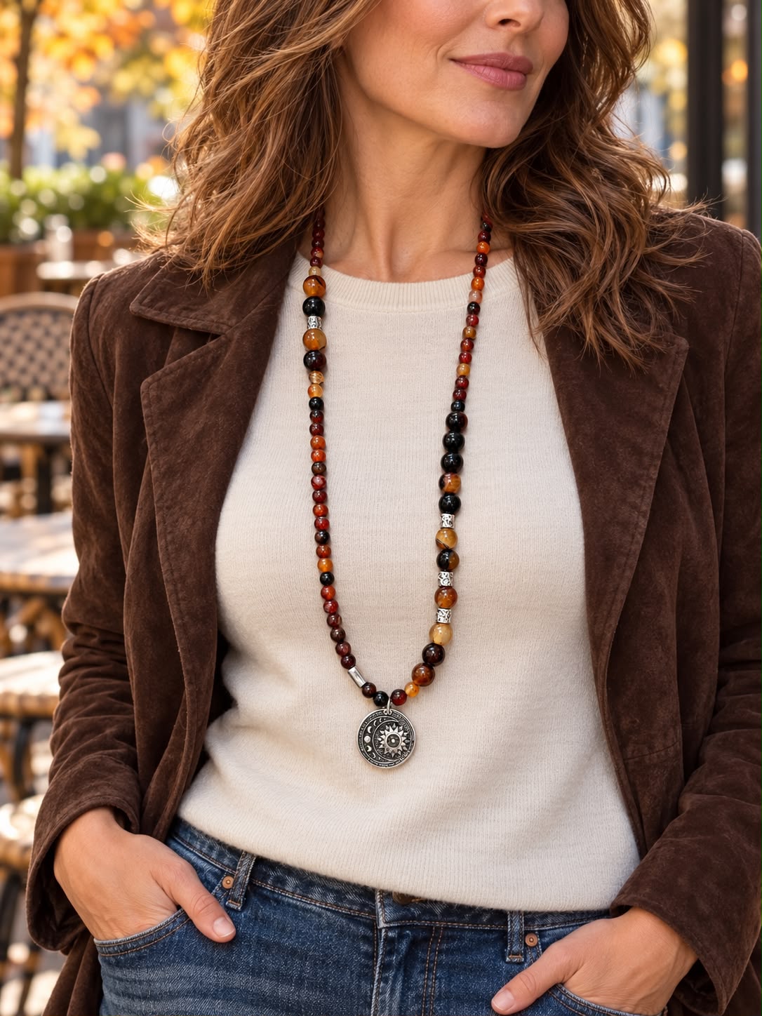 Collar largo Sol y Luna – Ágata cornalina y plata envejecida