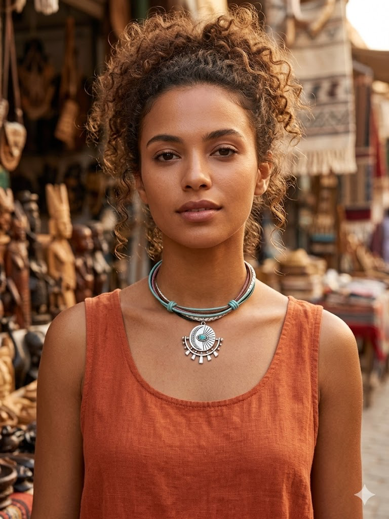 Gargantilla Bohemia de Amuletos - Ojo Turco y Luna Turquesa