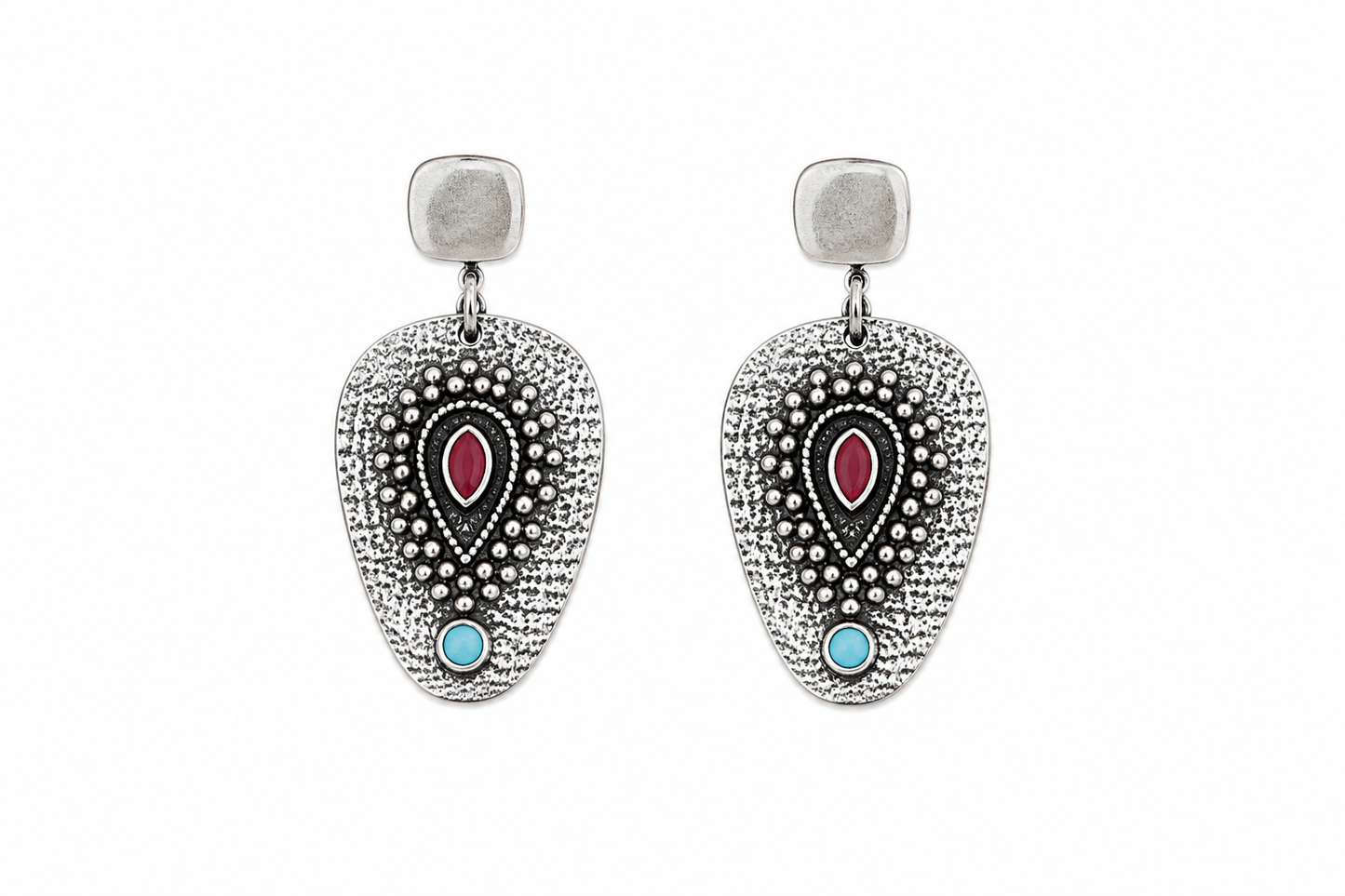 Pendientes  Étnicos con Baño de Plata, Esmalte Rojo y Turquesa